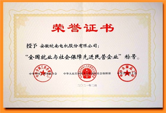 皖南電機(jī):全國就業(yè)與社會保障先進(jìn)民營企業(yè) 皖南電機(jī):全國就業(yè)與社會保障先進(jìn)民營企業(yè)