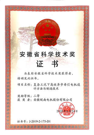 2019年安徽省科技進(jìn)步二等獎:皖南電機(jī):&ldquo;復(fù)雜工況下高效異步牽引電機(jī)設(shè)計方法與制造技術(shù)&rdquo;